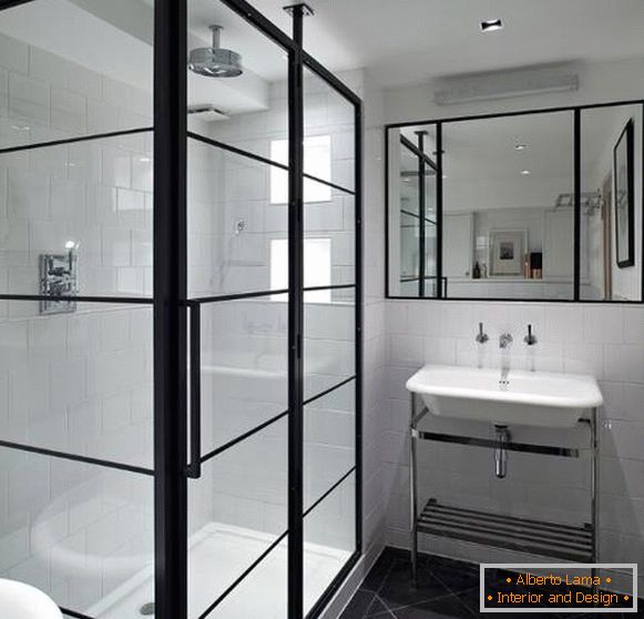 Black and white bathroom interior with a shower cabin