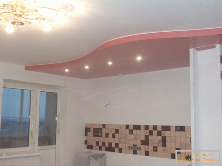 Classic double-tier ceiling in red-white colors for a spacious kitchen.