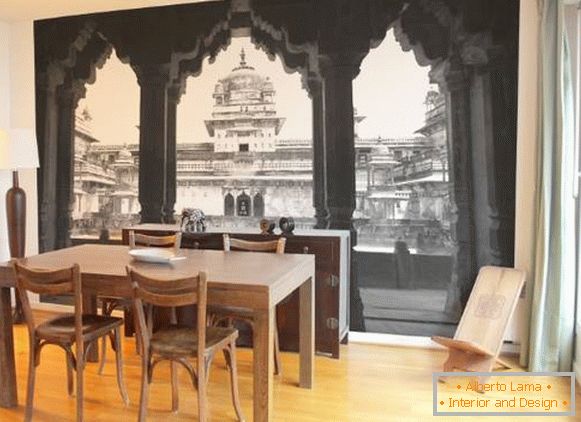 Photo wallpapers in the dining room opposite the dining table
