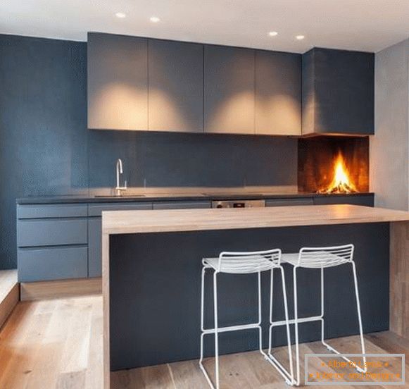 Kitchen design in a loft with black wallpaper