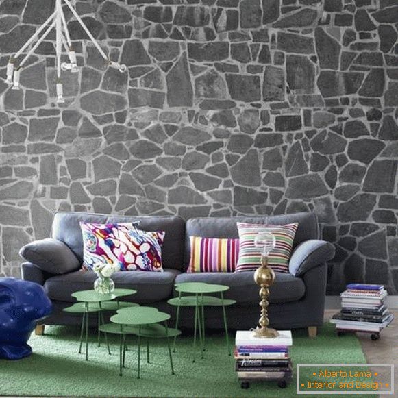 Wallpaper under the stone in the interior design