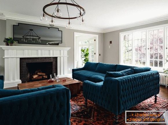 Luxury sofas with velvet upholstery in the living room