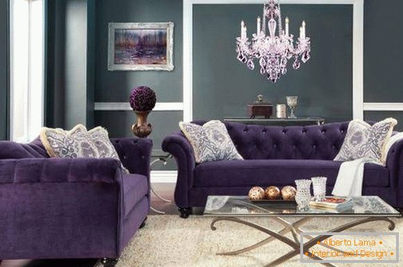 Velvet sofa in violet color