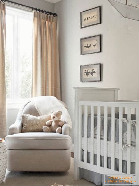 The combination of white and beige in the interior of the children's room with gray