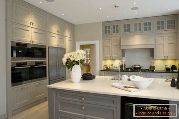 Fashionable combination of colors in the interior - gray and beige - in the kitchen
