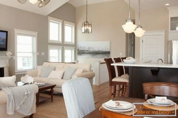 Interior in beige tones with gray-blue and brown