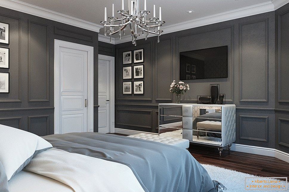 Painted moldings in a bedroom with gray walls