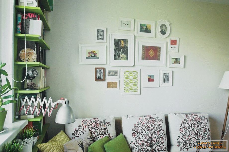 Shelves, paintings, pillows - cozy decor