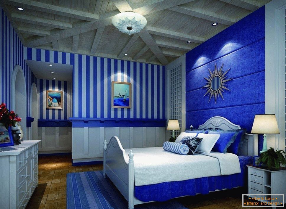 White and blue bedroom interior