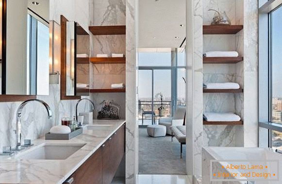 The combination of marble and wood in the bathroom