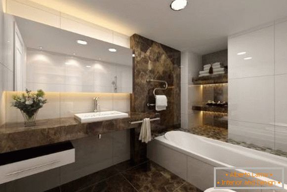 Bright bathroom with dark marble details