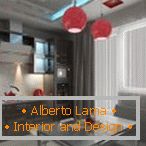 Red chandeliers in the gray interior of the kitchen