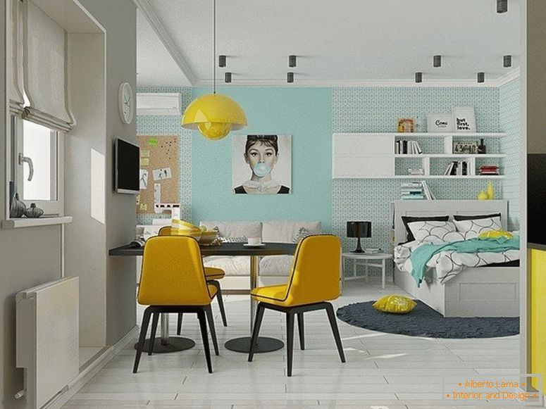 The combination of mint and bright yellow in the interior