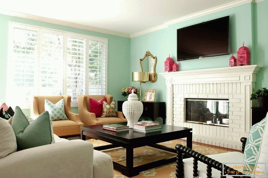 Minty living room with dark accents