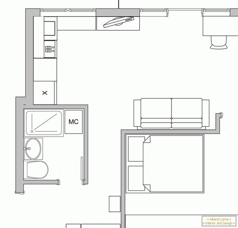 The layout of a small studio apartment