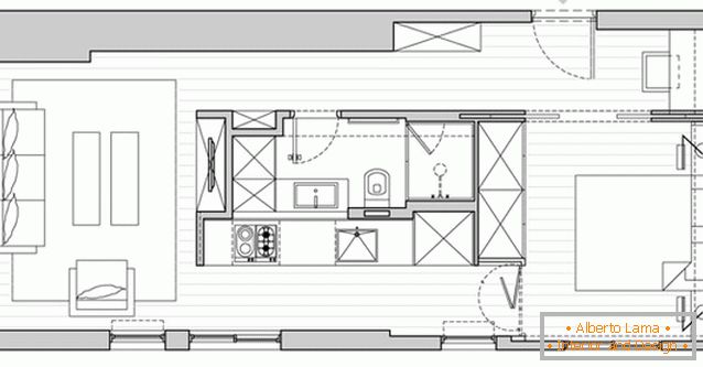 The layout of a rectangular studio apartment in Tel Aviv