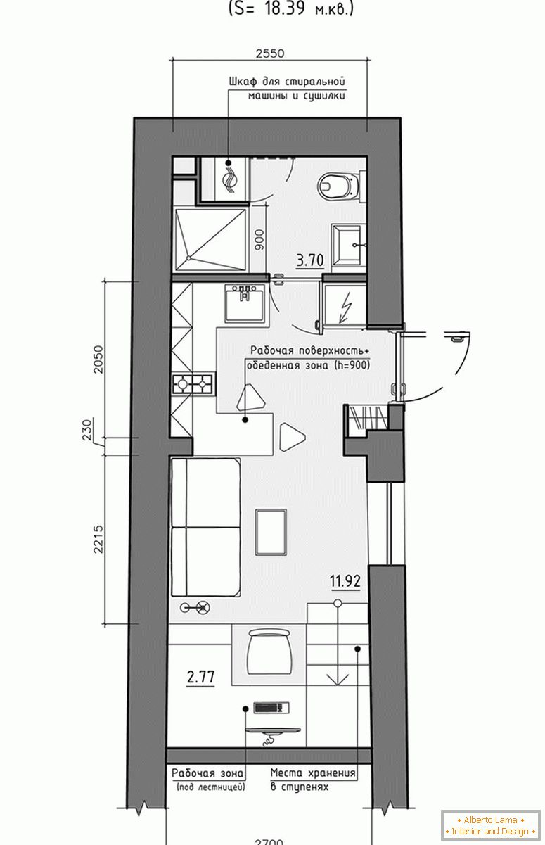 Layout of the first level of a small apartment