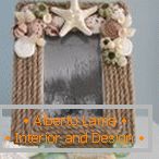Photo frame made of twine decorated with seashells
