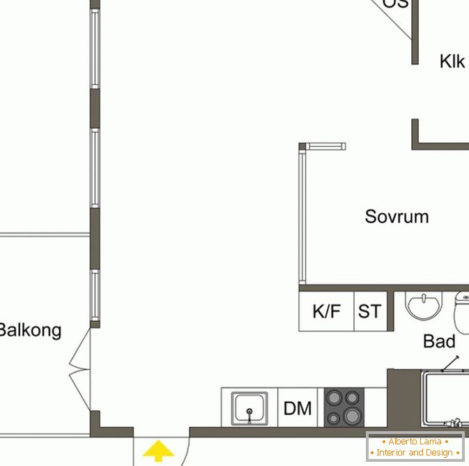 Planning of studio apartment in Scandinavian style