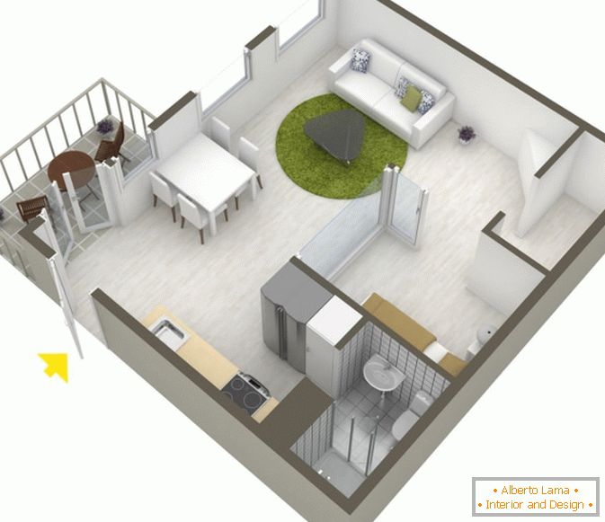 Planning of studio apartment in Scandinavian style