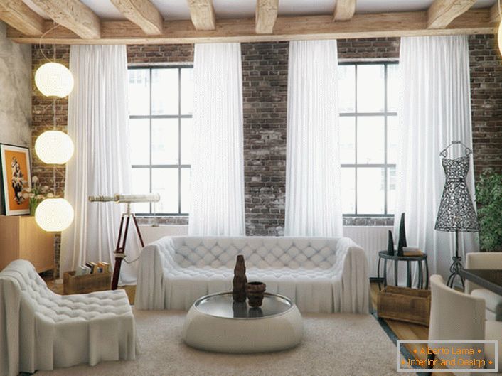 Only in the loft style you can combine incongruous. Amazing contrast of rough surroundings of walls and ceiling, and gentle color and shapes of furniture and curtains.