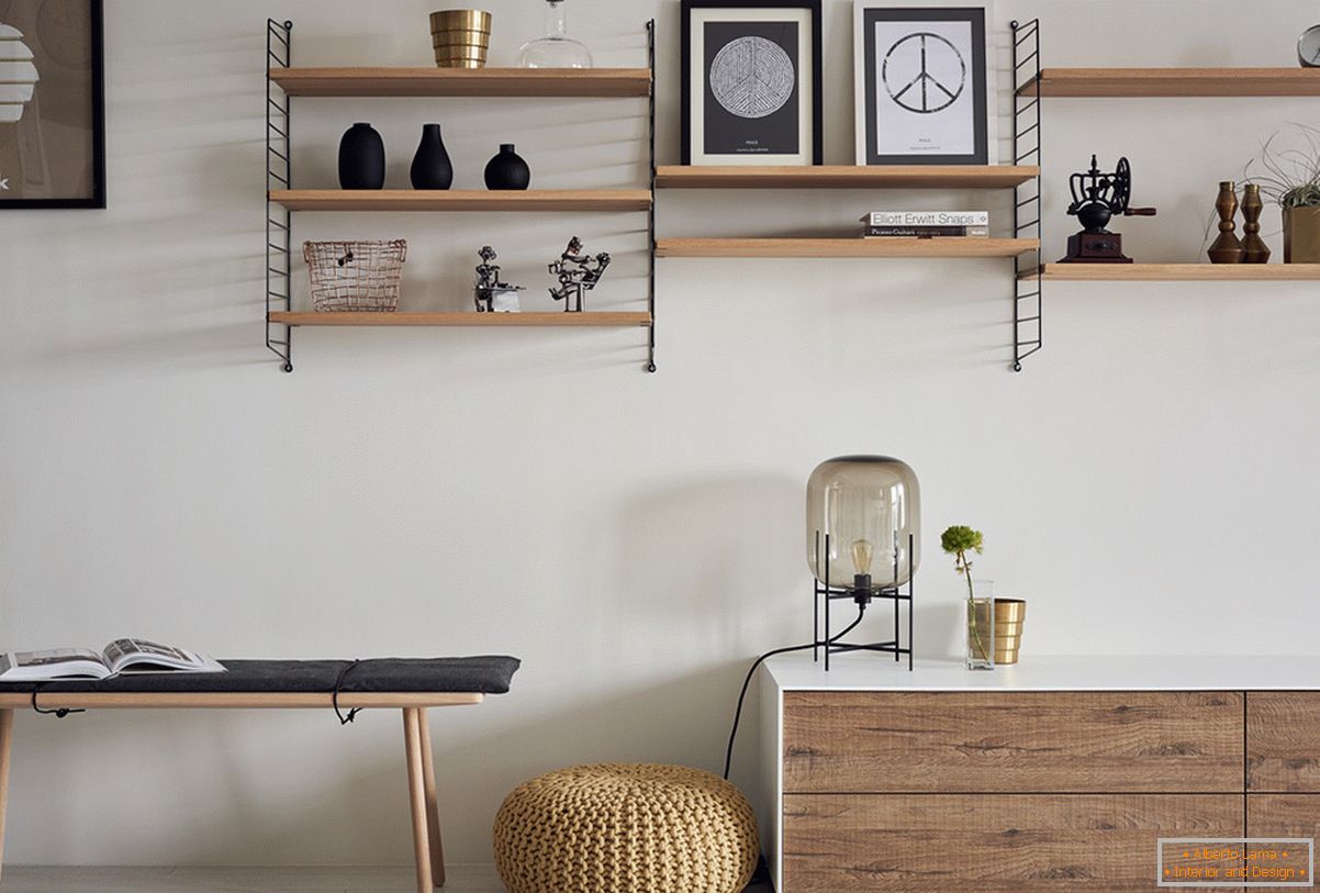 Open shelves in the interior of a small living room