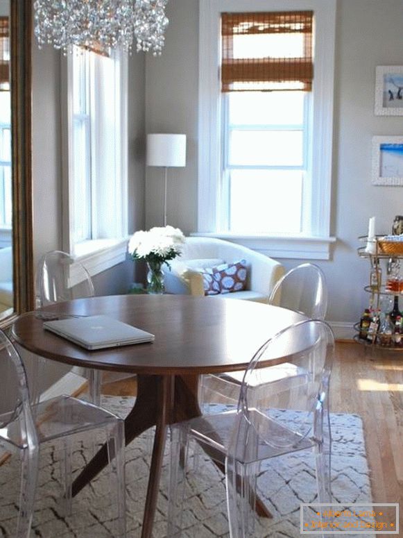 Transparent chairs and wooden table