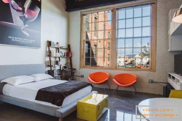 Double beds with a soft headboard - photo in a loft style