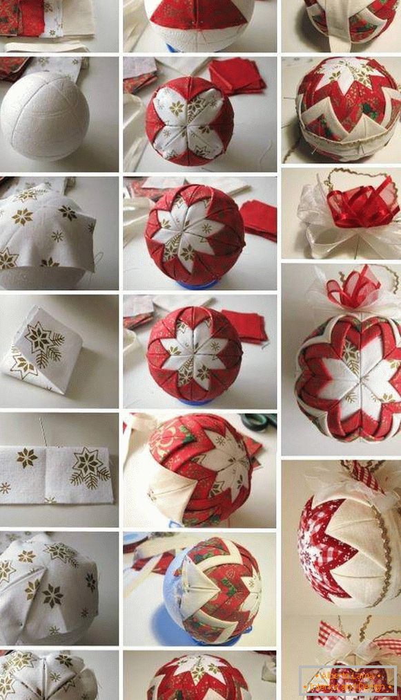 How to make a New Year ball with your own hands made of cloth and ribbons