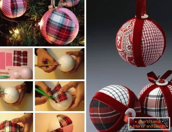 Stylish hand-made article - a Christmas ball made of fabric and ribbons