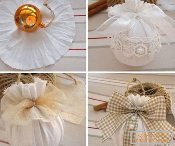 Decorating New Year's balls with their own hands with fabric and ribbons