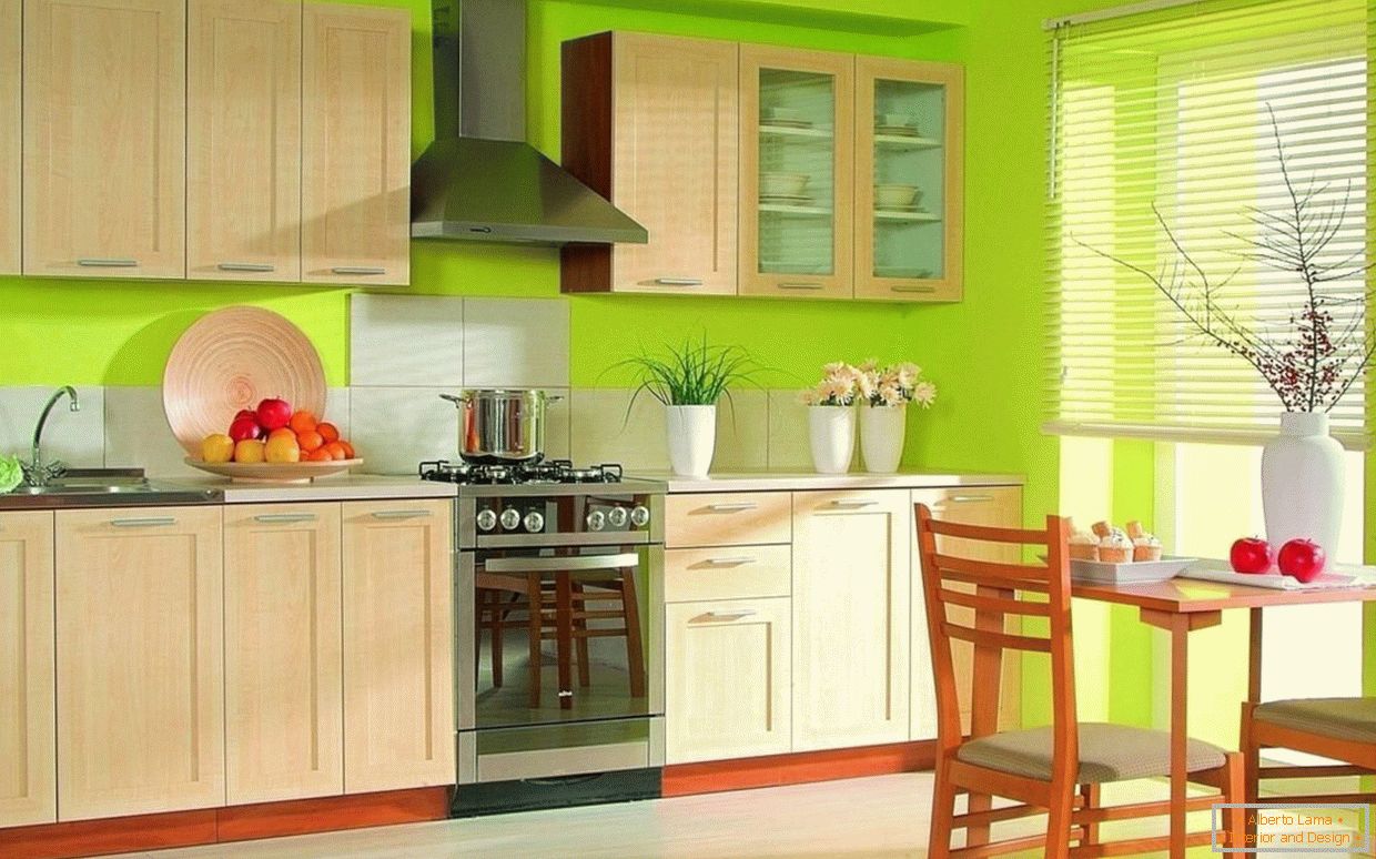 Bright kitchen design with green wallpaper