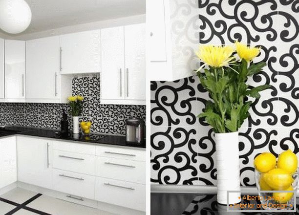 black and white wallpaper in the kitchen