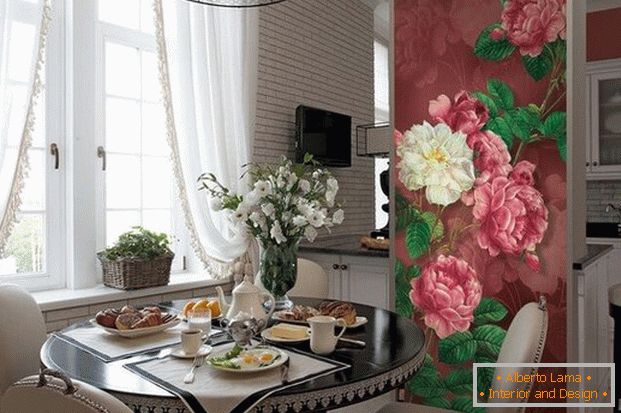 wallpaper with flowers in the interior of the kitchen
