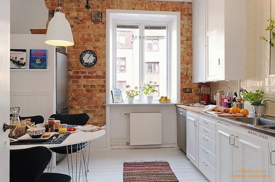 Wall-papers for a brick in a Scandinavian style kitchen