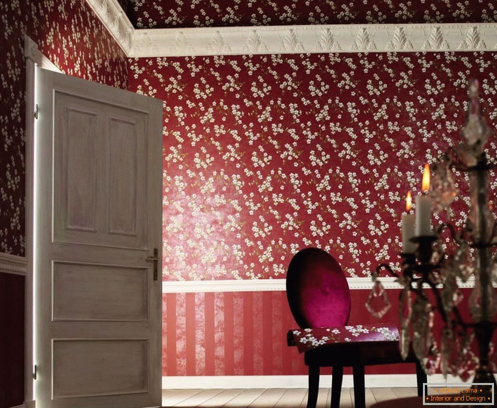 Interior with burgundy wallpaper in white flower