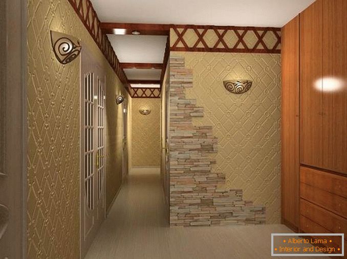 decoration of the hallway with decorative stone and wallpaper