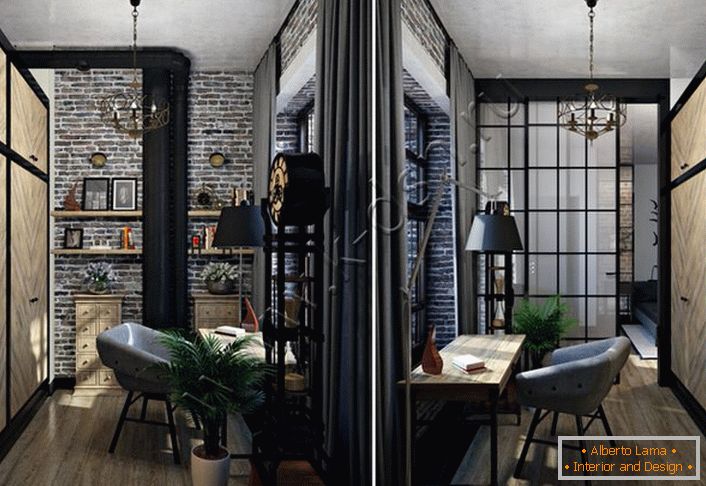 Stylish solution for the office. Loft style is interesting interior decoration. Modern furniture looks profitable against the background of rough finish of gray brick. 