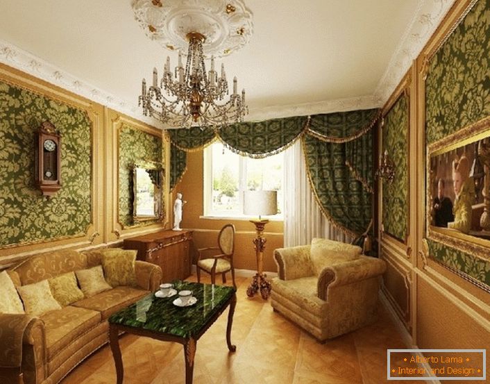 Guest room in beige and green colors in the Baroque style.