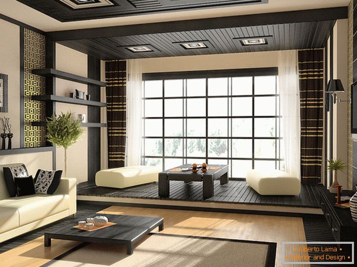Laconism, simplicity, characteristic colors and decor of the Japanese style in the interior of the living room.