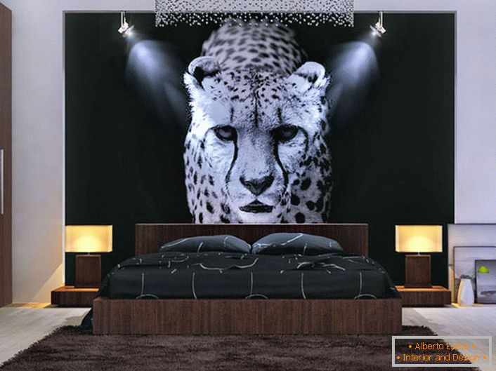 A good design solution for the bedroom. An illuminated panel with a leopard in the middle of the overall composition.