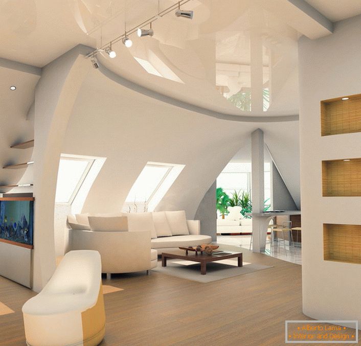 Glossy ceilings are harmoniously combined with snow-white walls and pale beige floors.