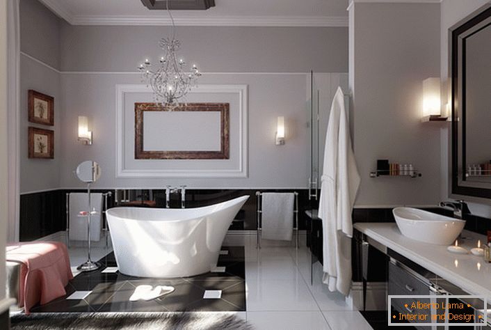 Spacious, bright bathroom. A thin design solution can be called a carpet of natural wool.