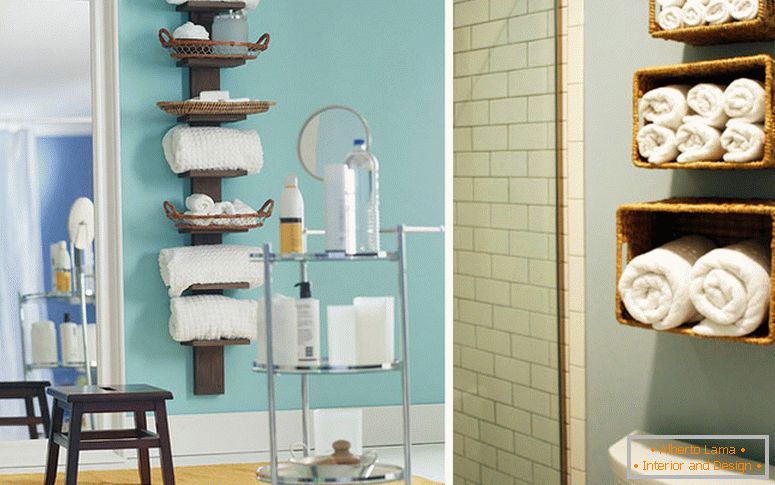 Open shelves in the design of a small bathroom
