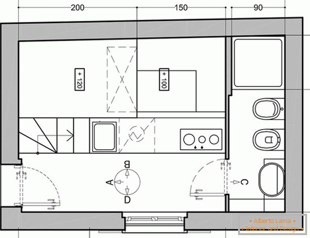 The layout of the first level of a small studio apartment in Milan