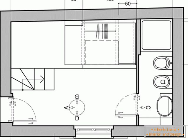 The layout of the first level of a small studio apartment in Milan