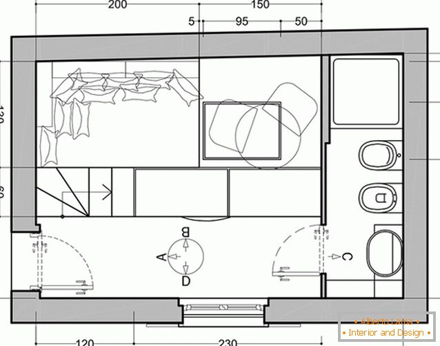 Layout of the second level of a small studio apartment in Milan