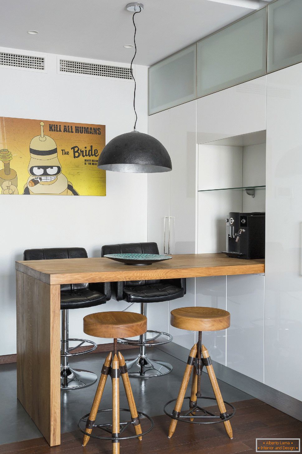 Dining room in apartment with controlled lighting