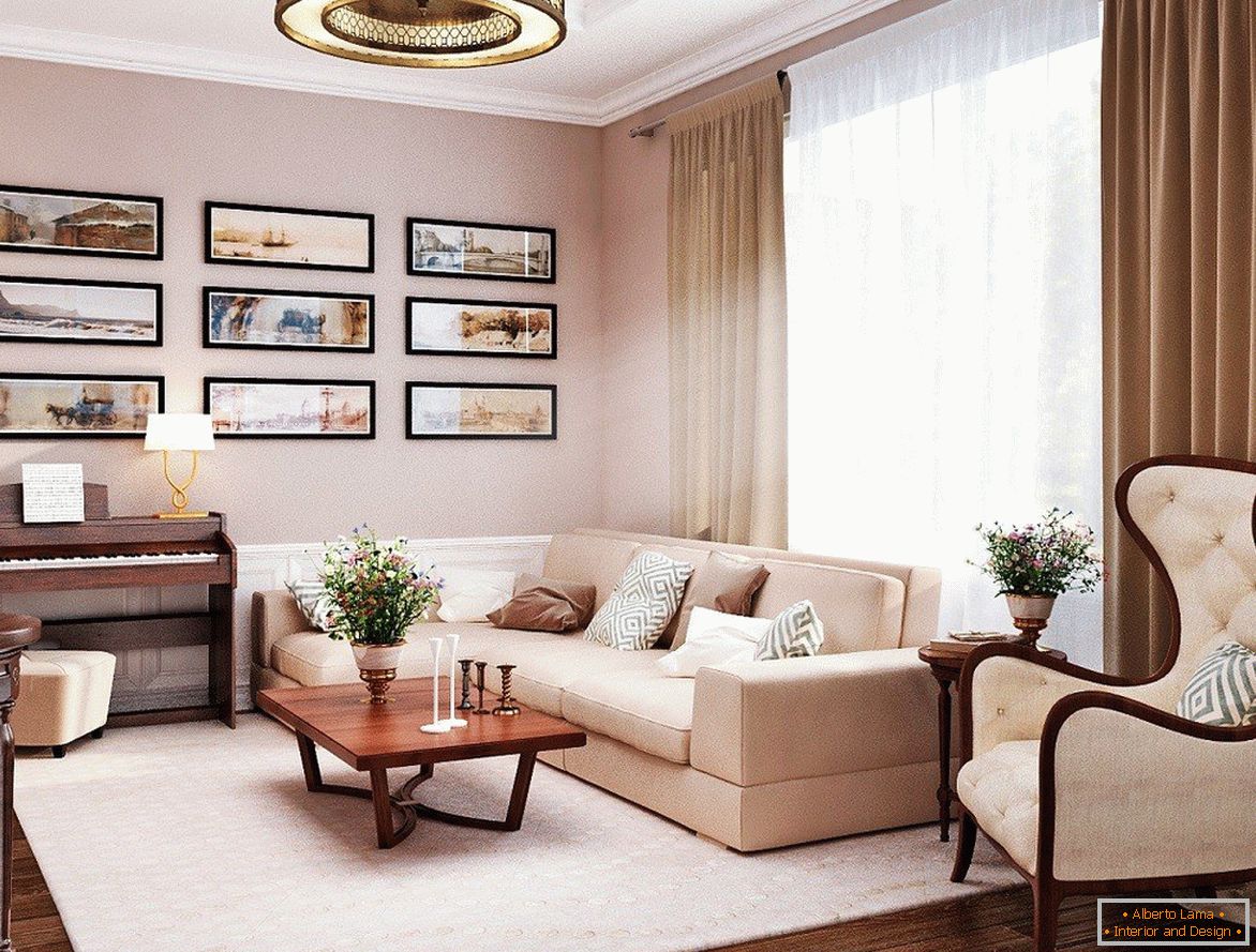 Classic interior of the living room in beige tones