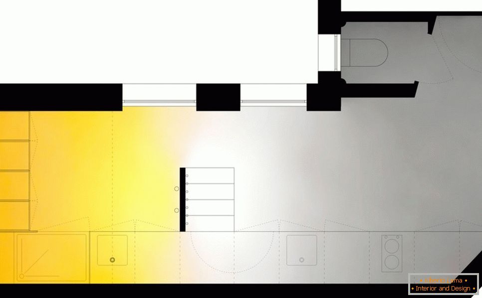 The layout of a narrow two-level studio apartment
